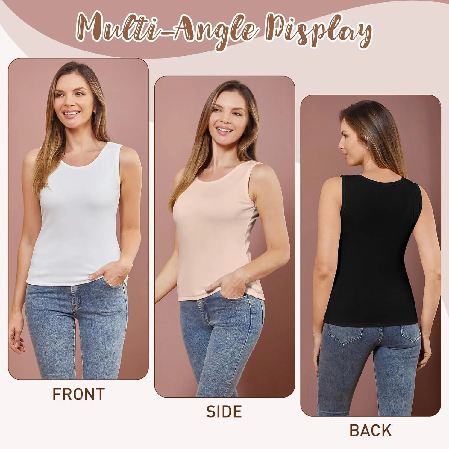 3 Pcs Womens Thermal Tank Tops Fleece Cami Underwear Tops Soft Sleeveless Undershirt Warm Base Layer Vest