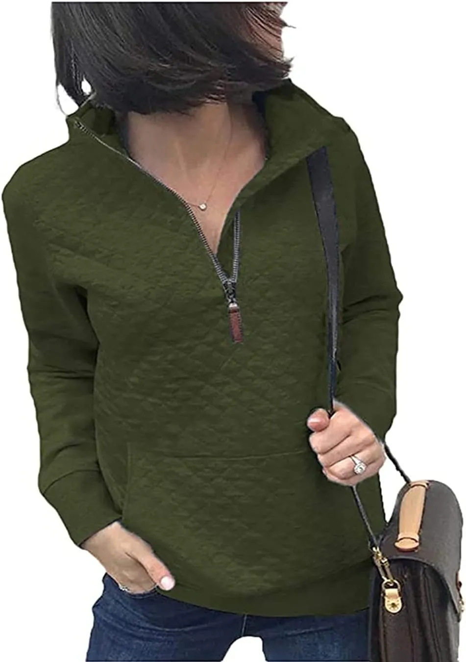 Barlver Womens Fashion Quarter Zip Stand Collar Sweatshirts Long Sleeve Plain Casual Ladies Pullovers Shirts Tops