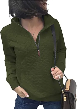 Barlver Womens Fashion Quarter Zip Stand Collar Sweatshirts Long Sleeve Plain Casual Ladies Pullovers Shirts Tops