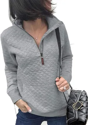 Barlver Womens Fashion Quarter Zip Stand Collar Sweatshirts Long Sleeve Plain Casual Ladies Pullovers Shirts Tops