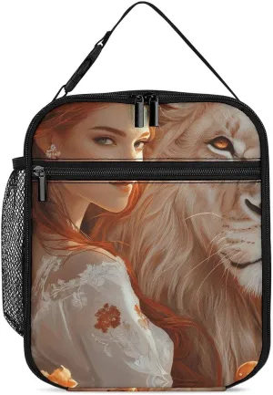 Beauty And Lion Lunch Bag for Men Women Small Reusable Leakproof Insulated Lunch Box Adjustable Handbag