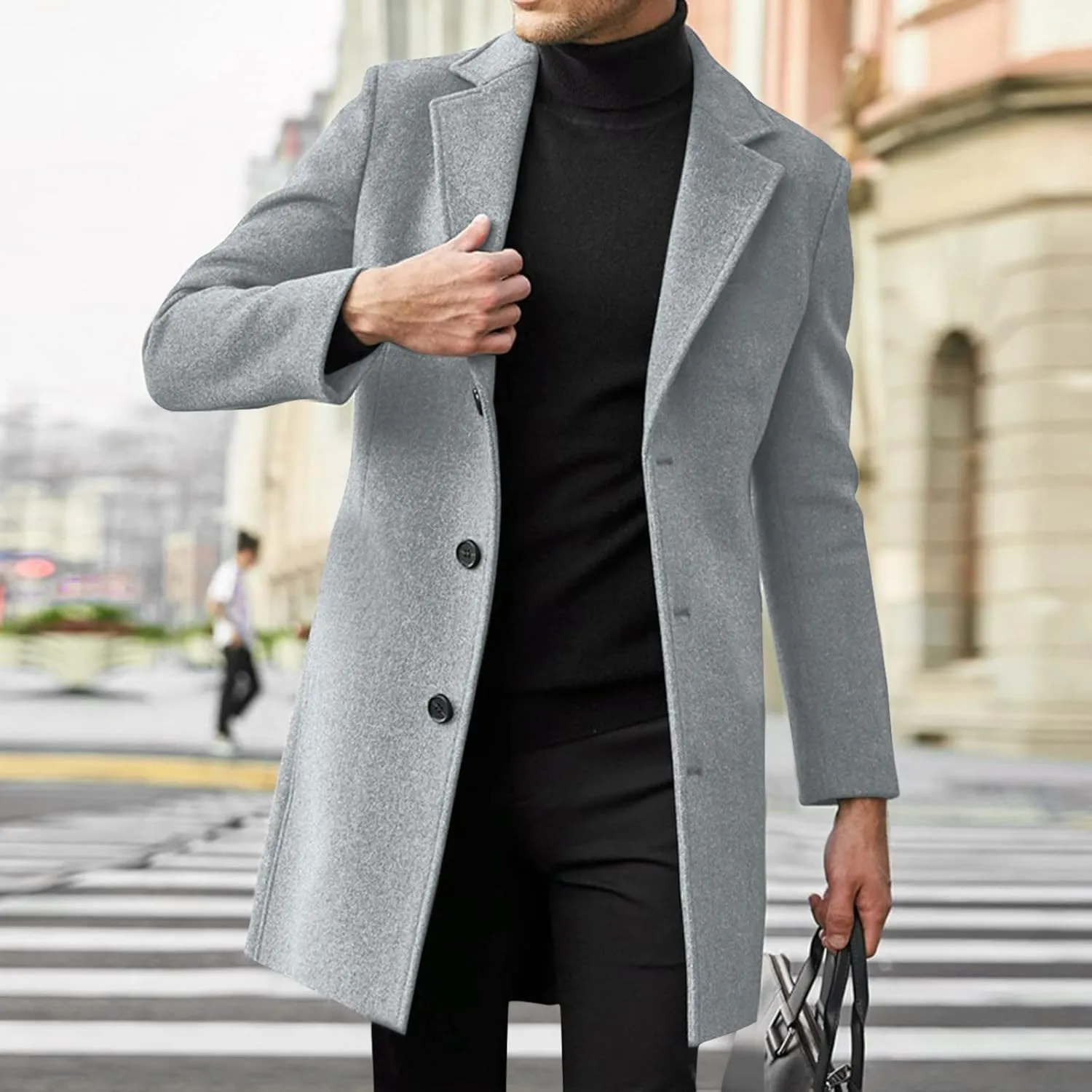 Black Trench Coat Men Costume Casual Trench Slim Fit Notched Collar Long Jacket Warm Winter Soft Vintage Overcoat