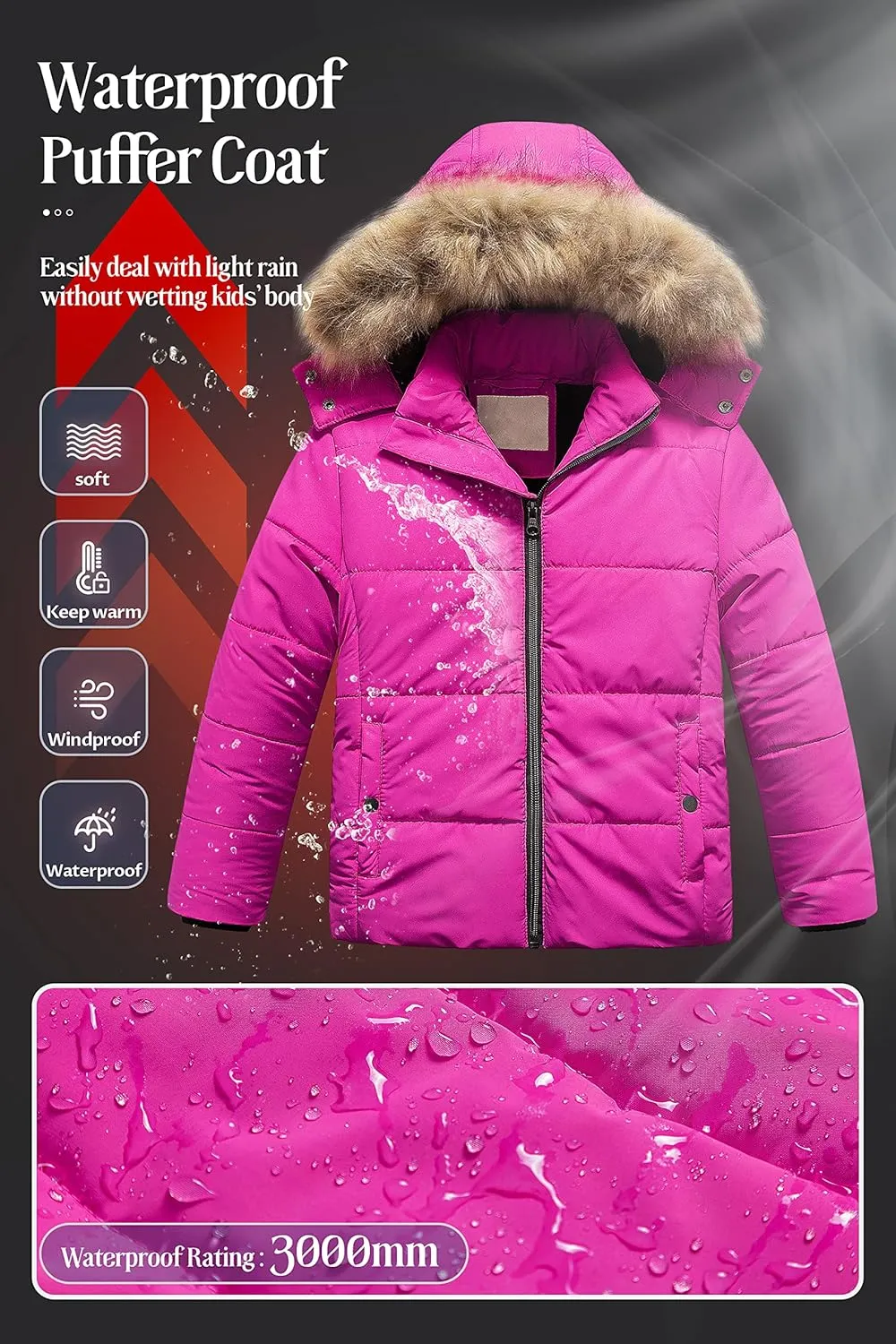 Chrisuno Girl's Water Resistant Winter Coats Warm Fleece Lined Outwear Ski Snow Jacket With Removable Hood