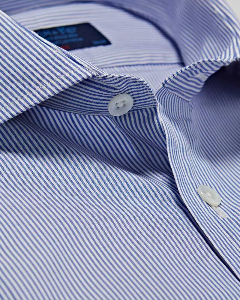 Classic Fit Blue Fine Bengal Stripe Cotton Poplin Shirt with Cut-away Collar & Double Cuff