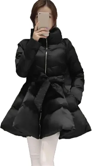 Dcvmvmn Women's Down Coat Female Thick Warm Down Cotton Padded Fluffy Skirt Long Sleeve Parkas Jacket Black