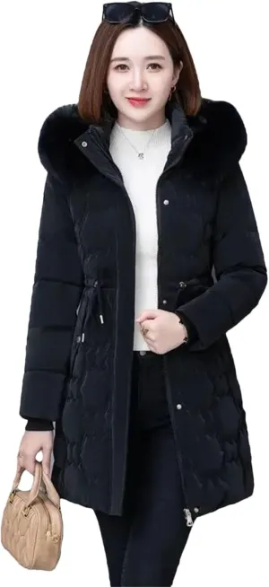Dcvmvmn Women's Down Jacket with Hood and Pile Collar Cotton-Padded Parka Coat Female Thick Warm Puffer Outwear Black
