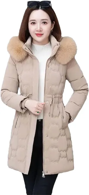 Dcvmvmn Women's Down Jacket with Hood and Pile Collar Cotton-Padded Parka Coat Female Thick Warm Puffer Outwear Khaki
