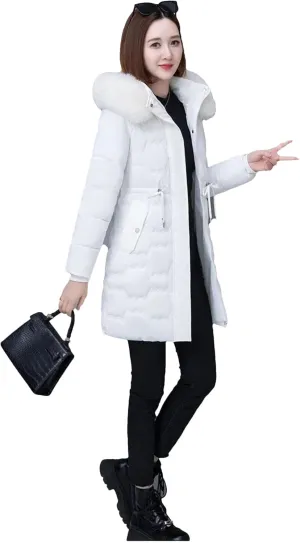 Dcvmvmn Women's Down Jacket with Hood and Pile Collar Cotton-Padded Parka Coat Female Thick Warm Puffer Outwear White