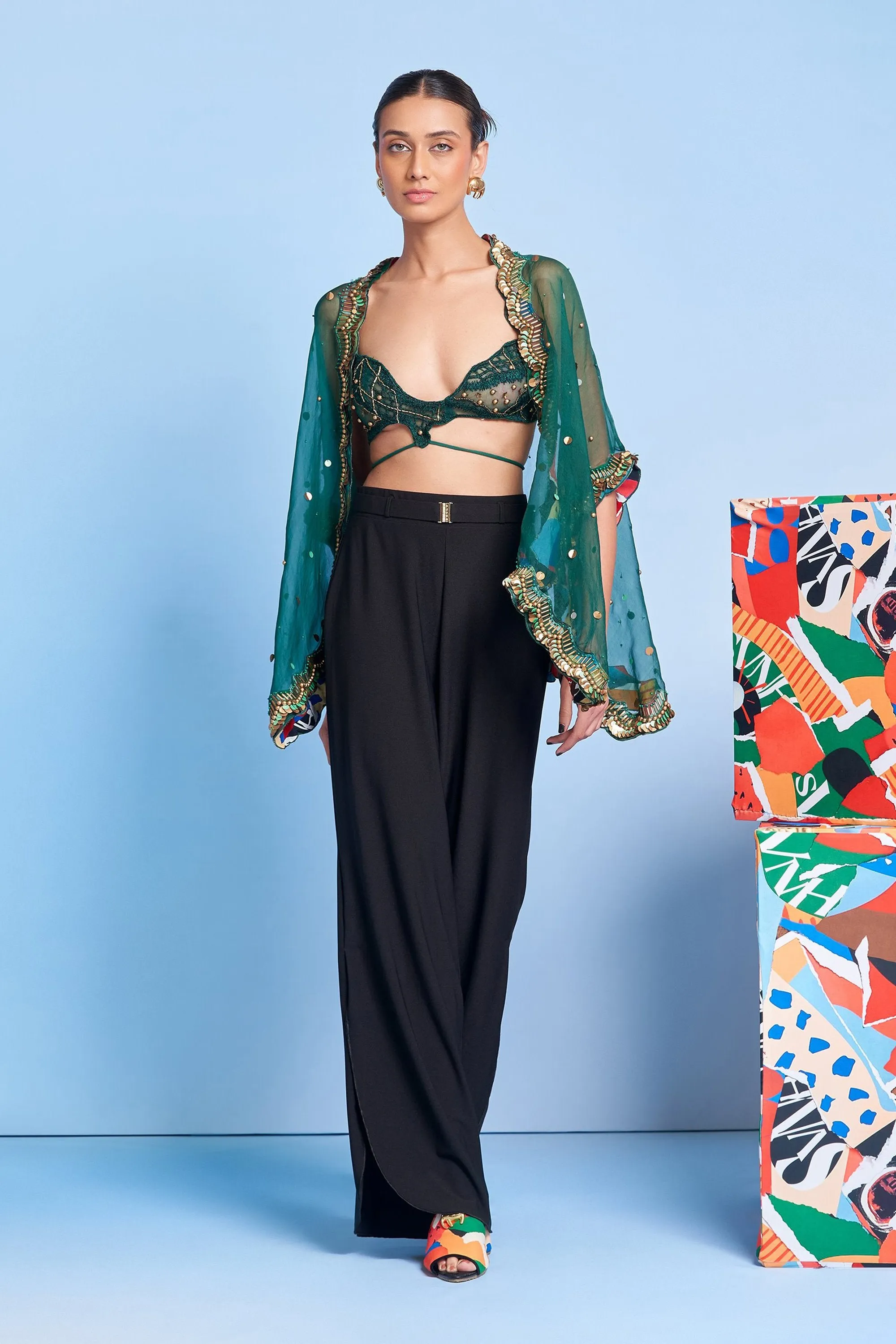 Emerald Sheer Cape with Scallop Lace
