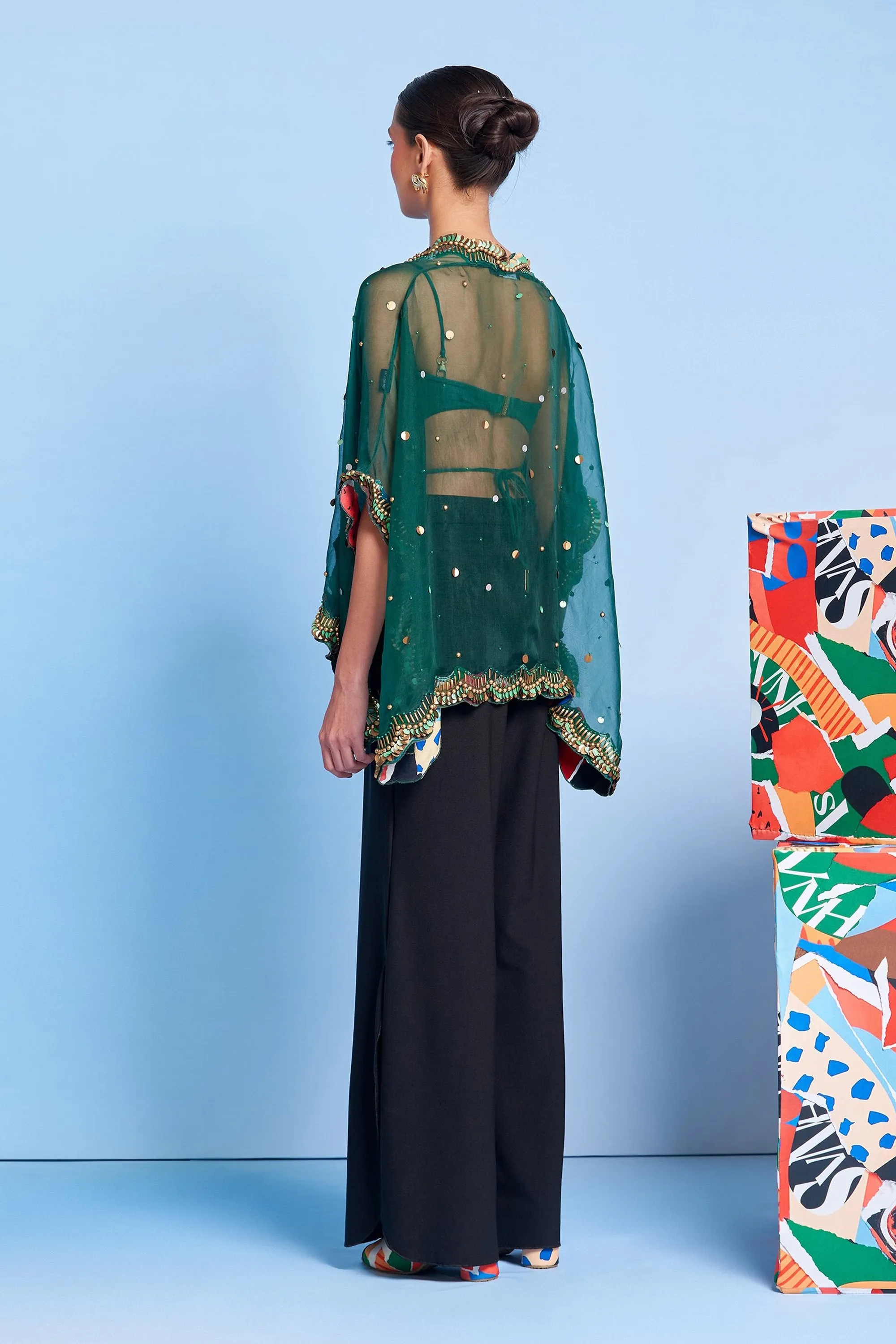 Emerald Sheer Cape with Scallop Lace