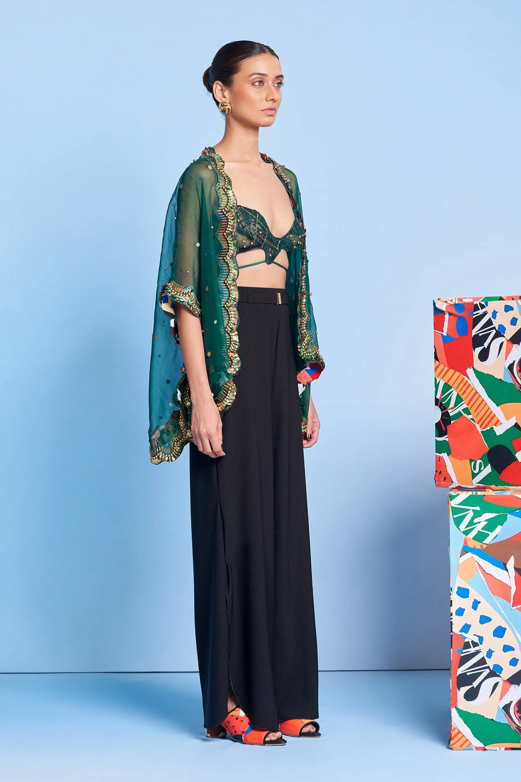 Emerald Sheer Cape with Scallop Lace