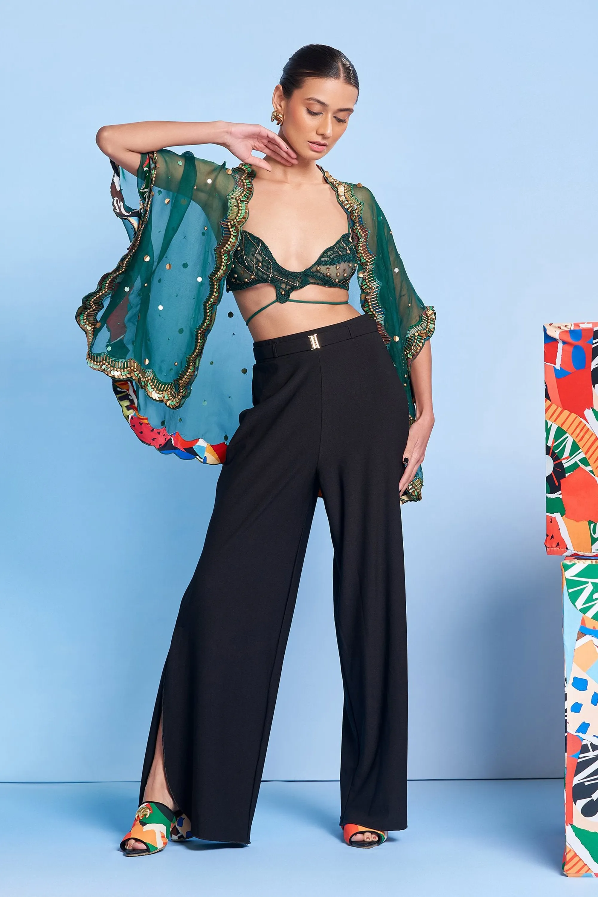 Emerald Sheer Cape with Scallop Lace