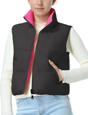 EXARUS Girls Puffer Vest Cropped Puffy Water Resistant with Pockets Lightweight Outerwear Vests Warm Sleeveless 6-14Y