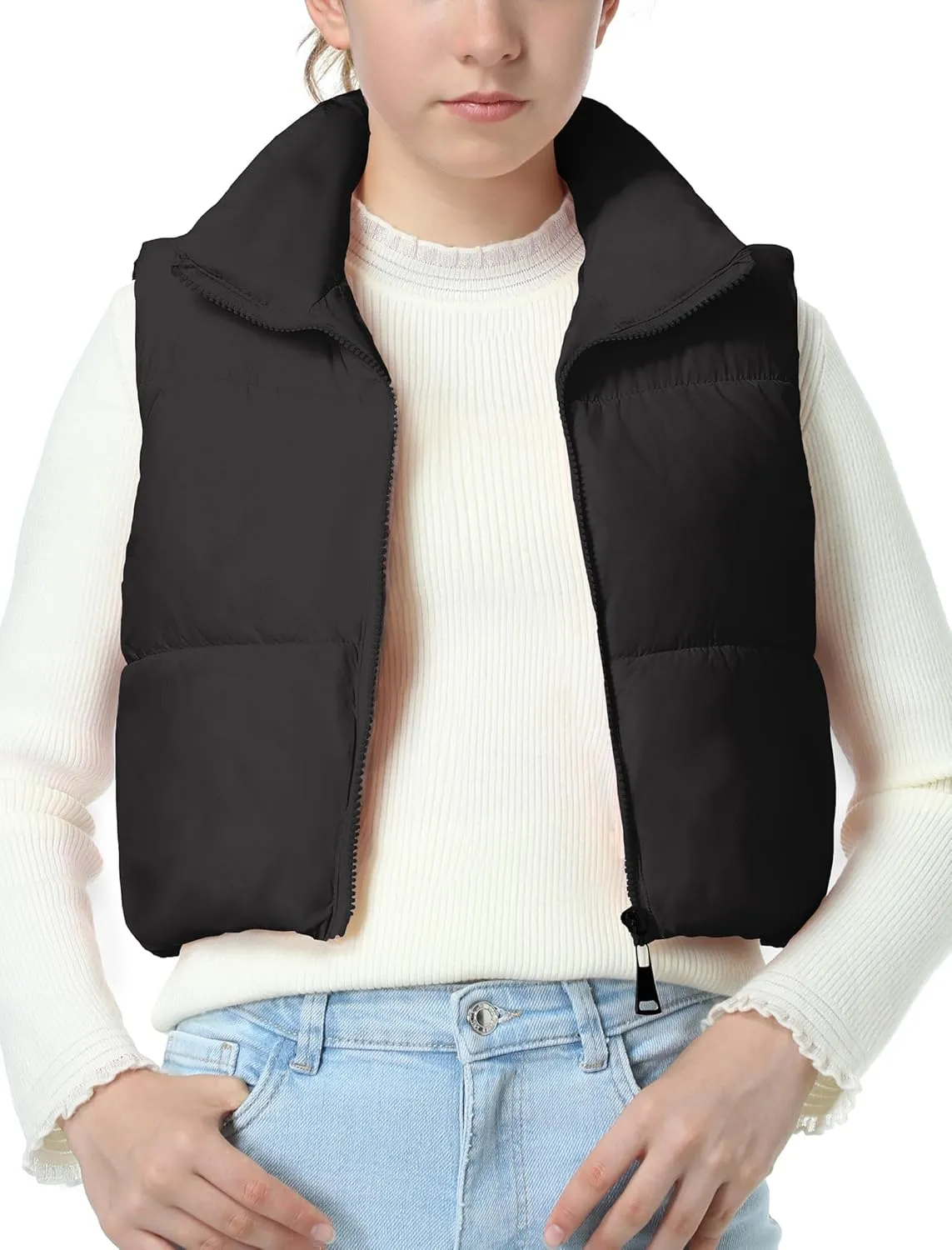 EXARUS Girls Puffer Vest Cropped Puffy Water Resistant with Pockets Lightweight Outerwear Vests Warm Sleeveless 6-14Y