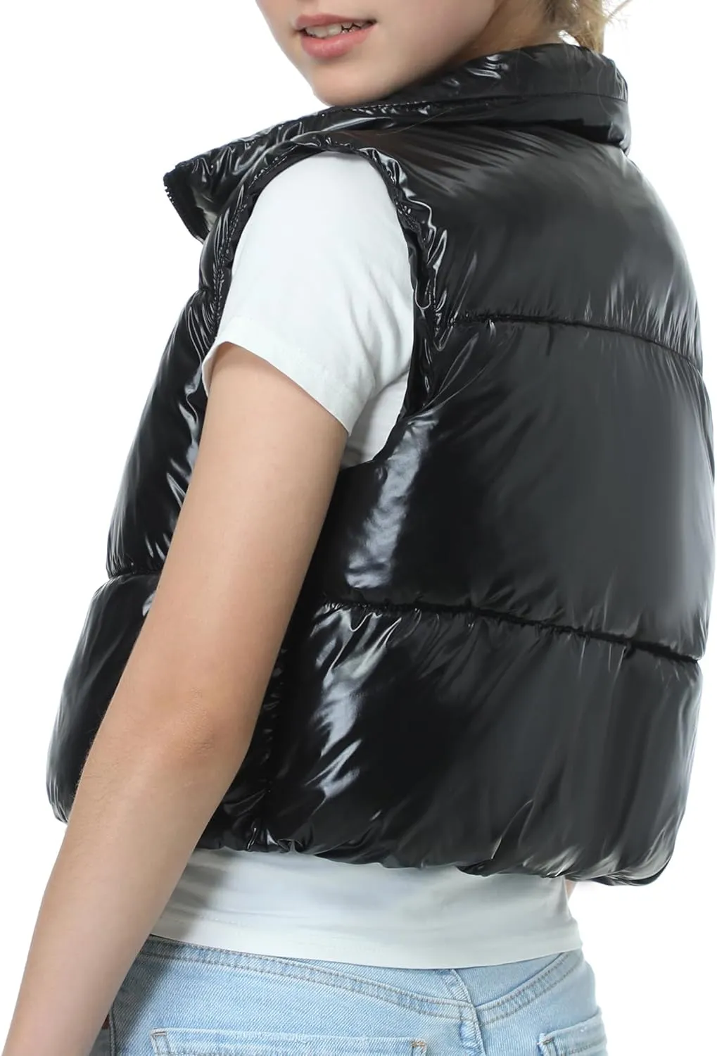 EXARUS Girls Puffer Vest Cropped Puffy Water Resistant with Pockets Lightweight Outerwear Vests Warm Sleeveless 6-14Y