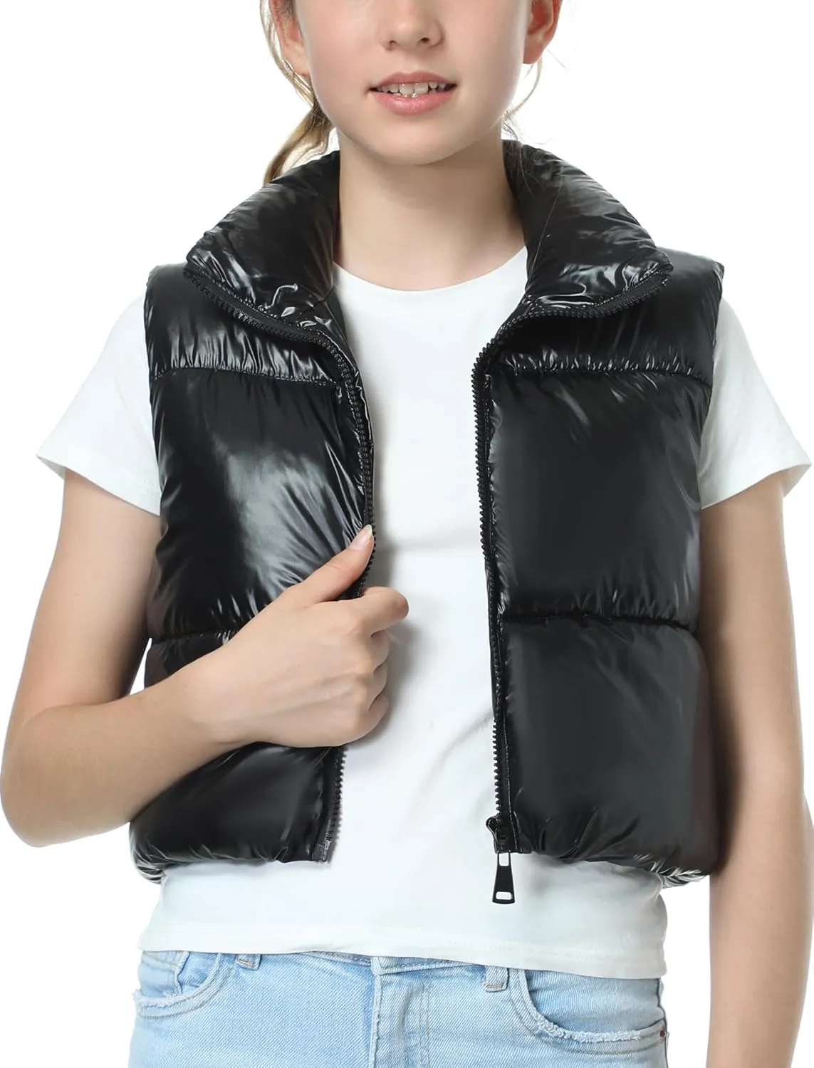 EXARUS Girls Puffer Vest Cropped Puffy Water Resistant with Pockets Lightweight Outerwear Vests Warm Sleeveless 6-14Y