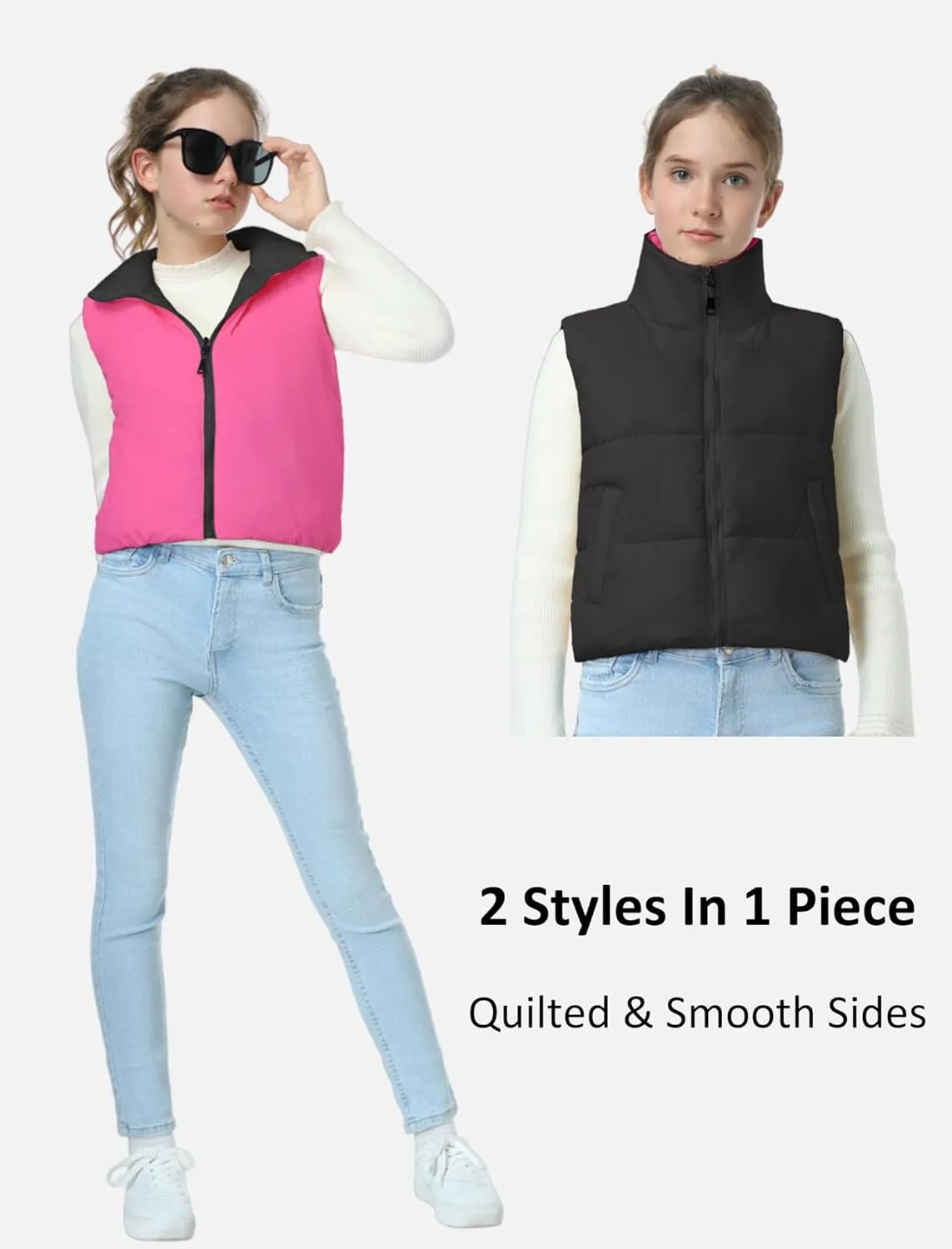 EXARUS Girls Puffer Vest Cropped Puffy Water Resistant with Pockets Lightweight Outerwear Vests Warm Sleeveless 6-14Y
