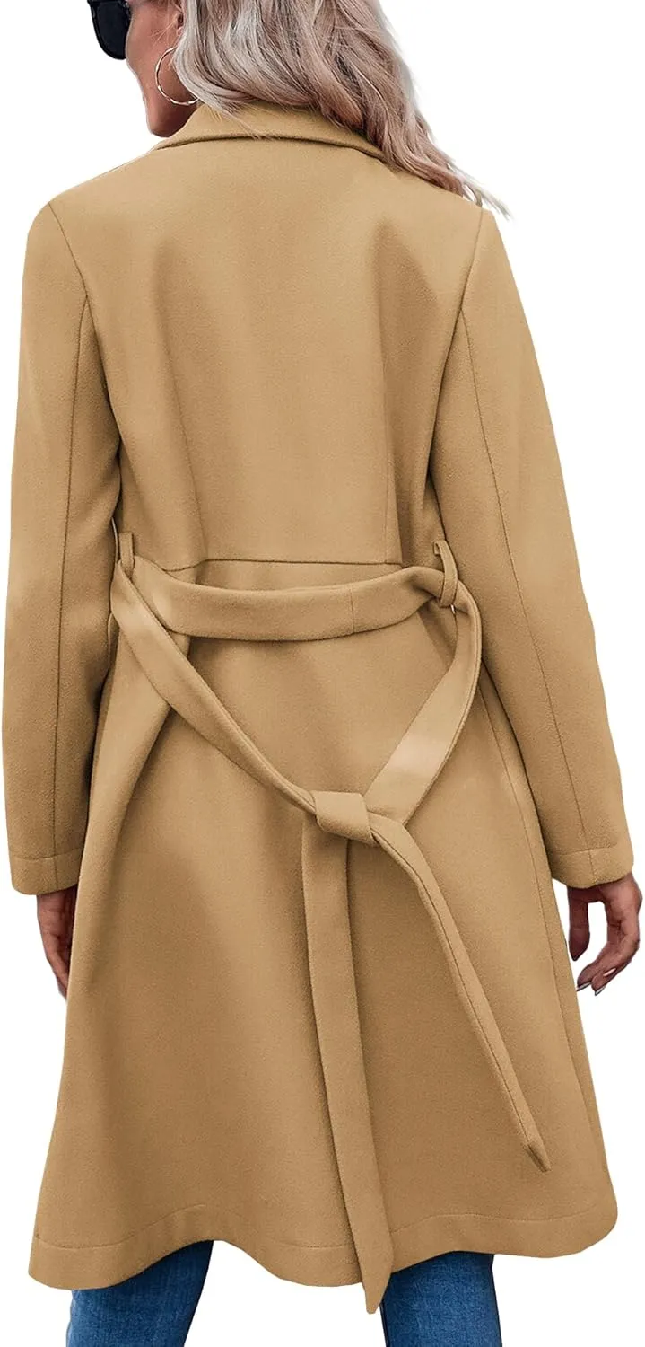 Fazortev Womens Pea Trench Coats Notched Lapel Double Breasted Belted Business Casual Jackets Outerwear