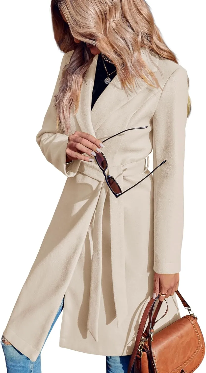 Fazortev Womens Pea Trench Coats Notched Lapel Double Breasted Belted Business Casual Jackets Outerwear