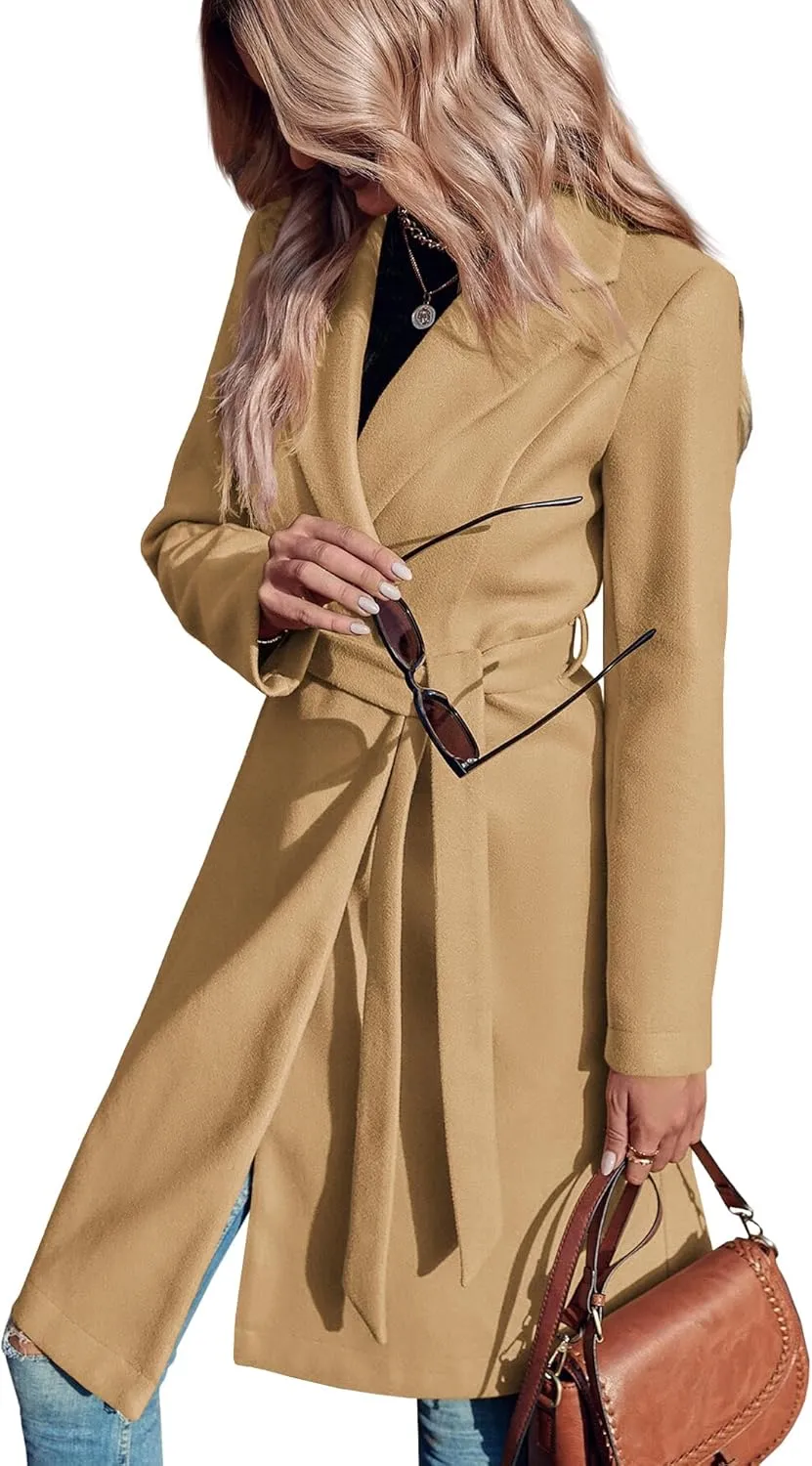 Fazortev Womens Pea Trench Coats Notched Lapel Double Breasted Belted Business Casual Jackets Outerwear