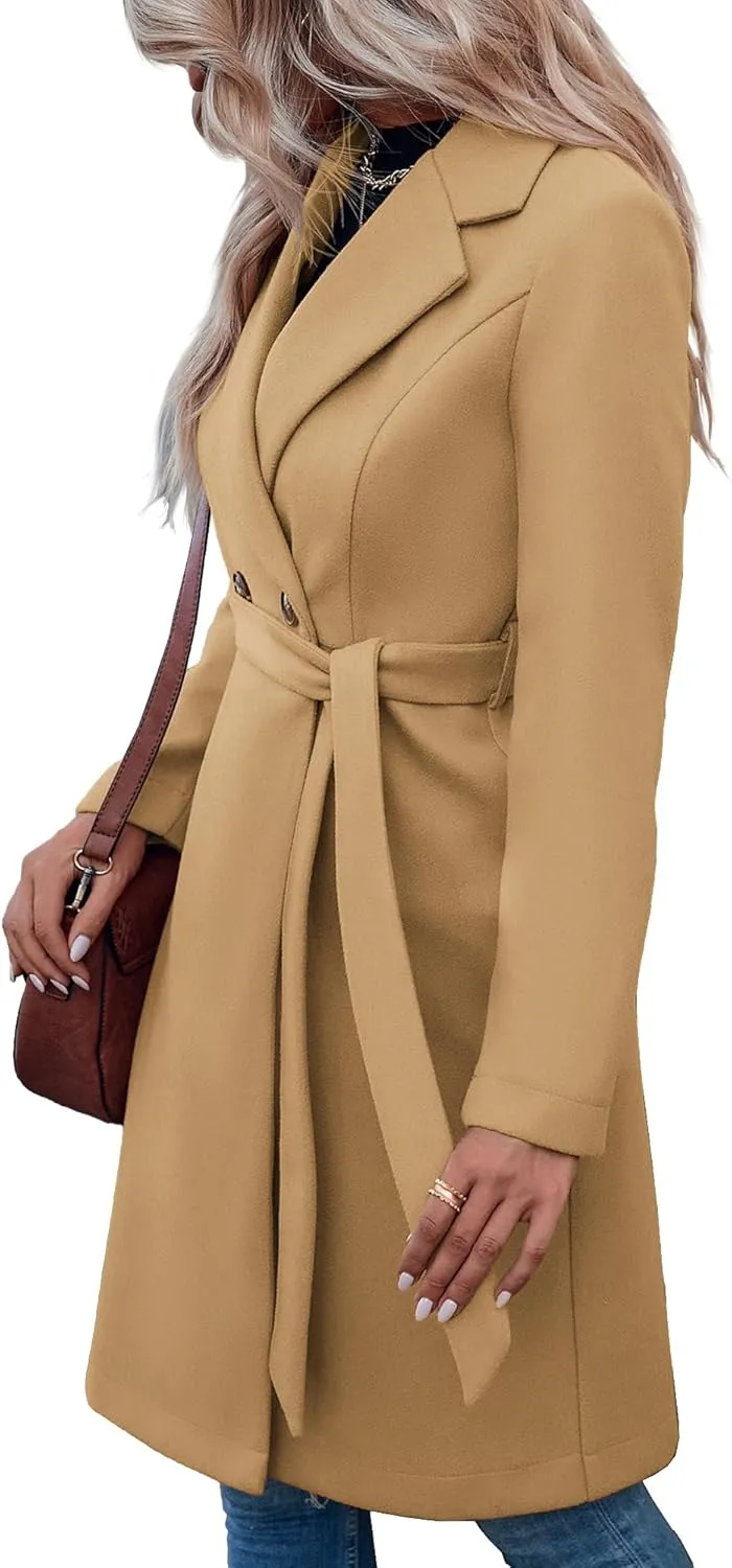 Fazortev Womens Pea Trench Coats Notched Lapel Double Breasted Belted Business Casual Jackets Outerwear