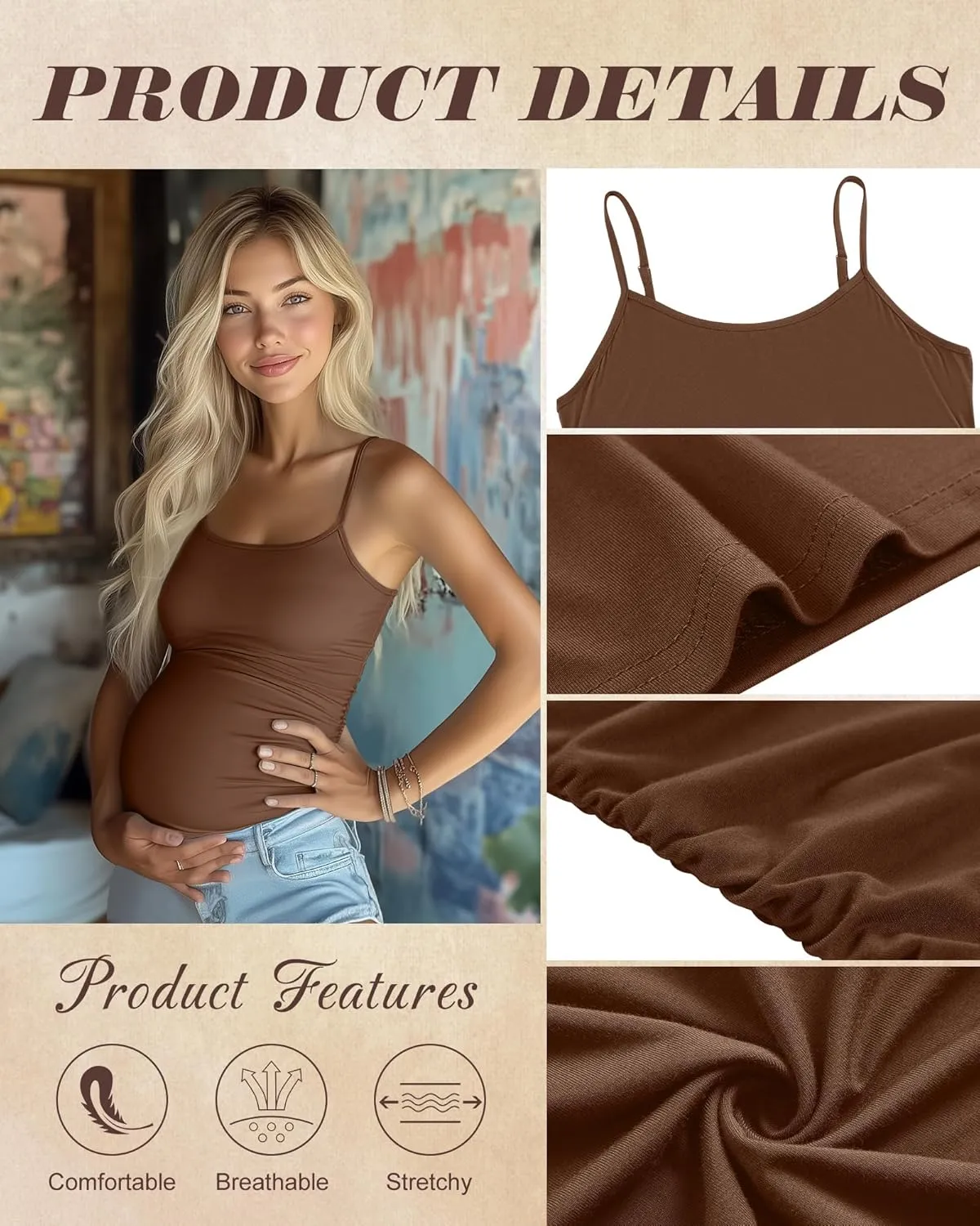 Ficerd 3 Pack Women's Maternity Tank Top Cotton Camisole with Adjustable Straps Comfort Tops Side Ruched Stretch Soft Shirts