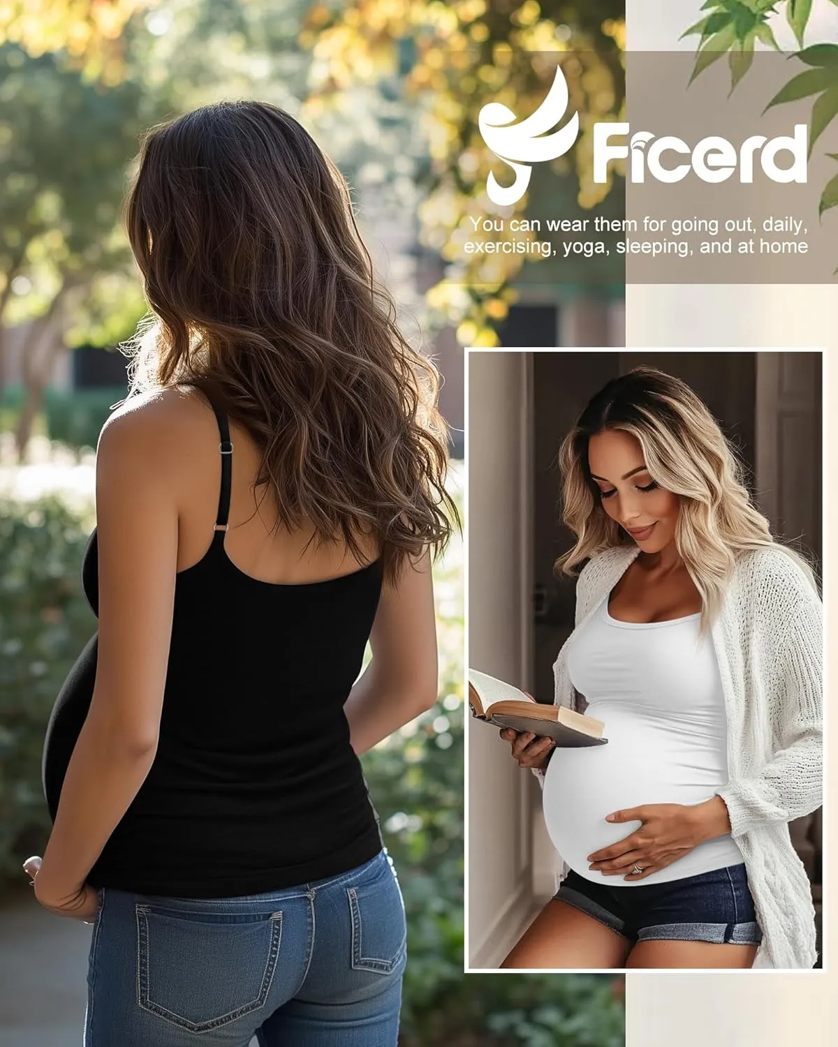 Ficerd 3 Pack Women's Maternity Tank Top Cotton Camisole with Adjustable Straps Comfort Tops Side Ruched Stretch Soft Shirts