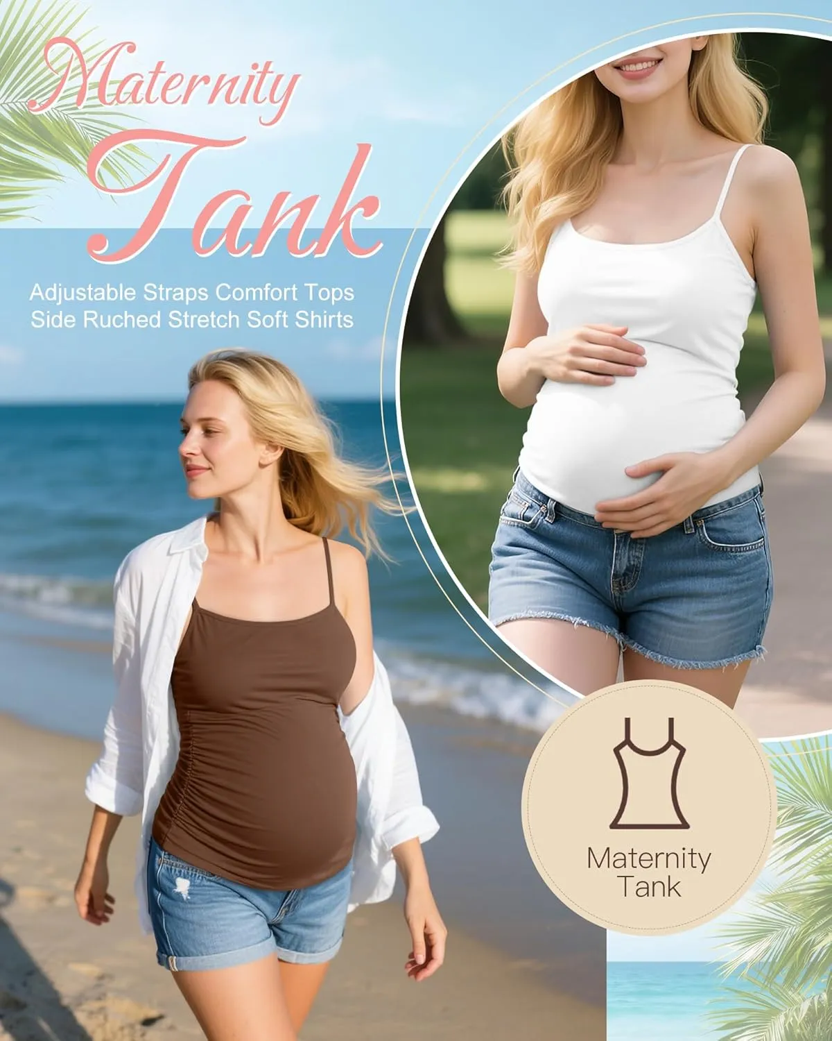 Ficerd 3 Pack Women's Maternity Tank Top Cotton Camisole with Adjustable Straps Comfort Tops Side Ruched Stretch Soft Shirts