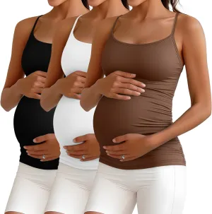 Ficerd 3 Pack Women's Maternity Tank Top Cotton Camisole with Adjustable Straps Comfort Tops Side Ruched Stretch Soft Shirts