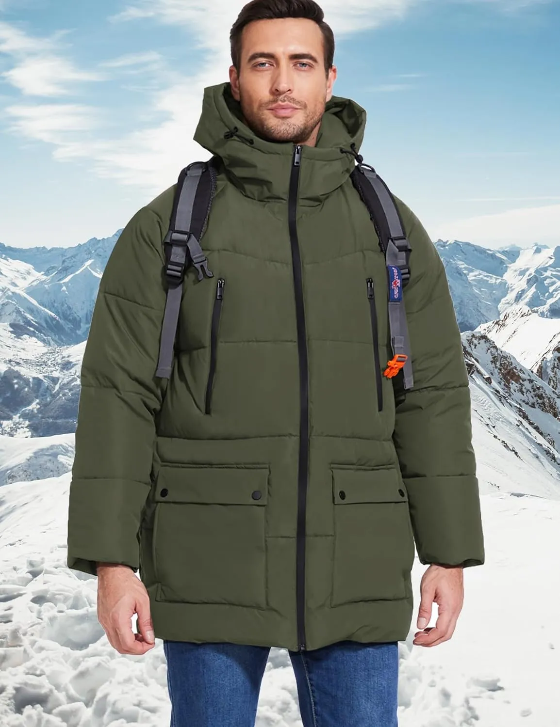 Flygo Men's Long Parka Winter Coats Hooded Puffer Jacket Heavy Warm Water-Resistant Outerwear Cold Weather