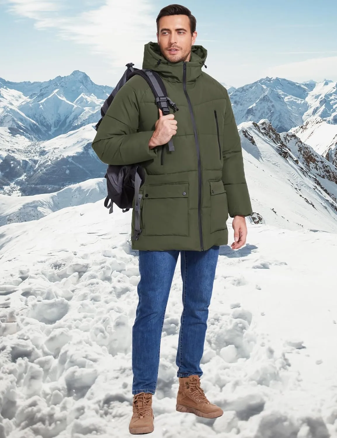 Flygo Men's Long Parka Winter Coats Hooded Puffer Jacket Heavy Warm Water-Resistant Outerwear Cold Weather