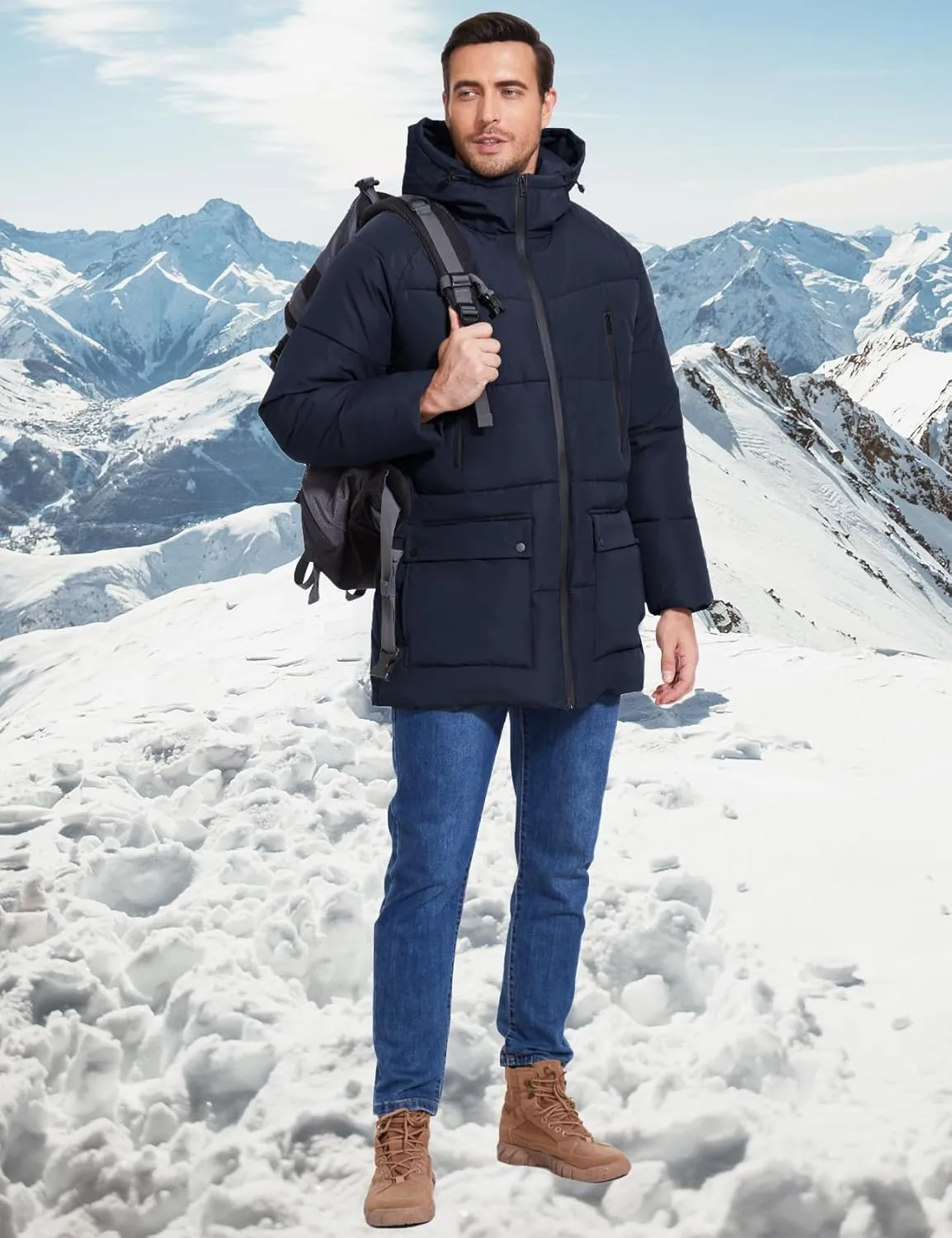 Flygo Men's Long Parka Winter Coats Hooded Puffer Jacket Heavy Warm Water-Resistant Outerwear Cold Weather