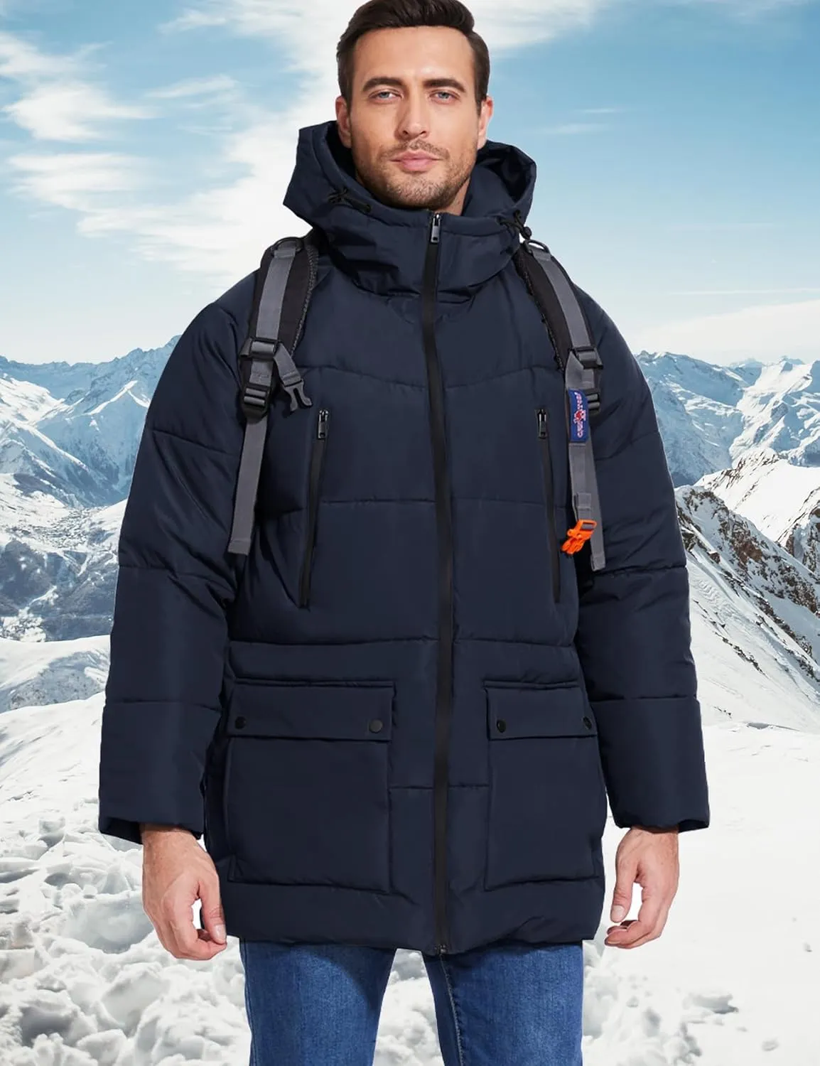 Flygo Men's Long Parka Winter Coats Hooded Puffer Jacket Heavy Warm Water-Resistant Outerwear Cold Weather