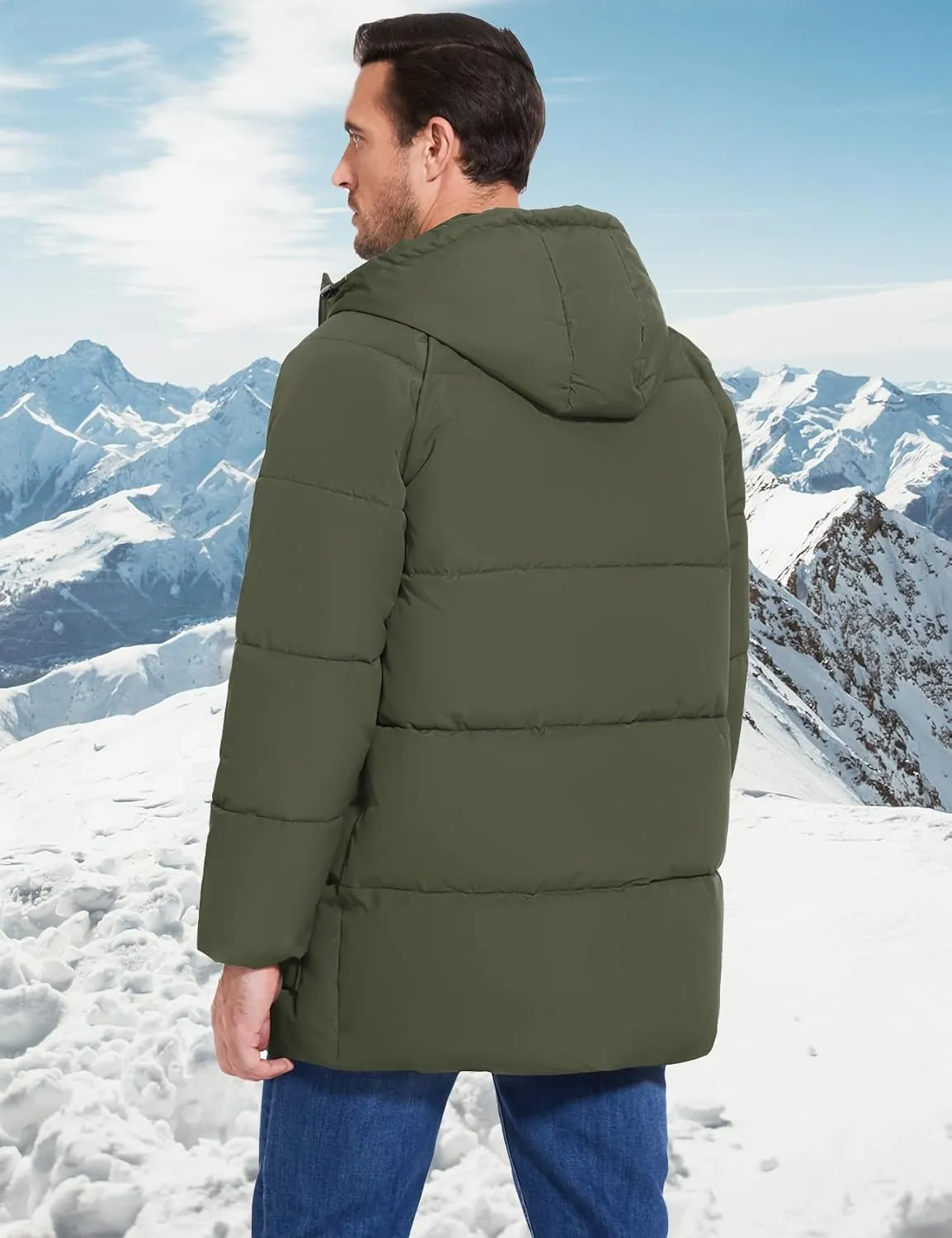 Flygo Men's Long Parka Winter Coats Hooded Puffer Jacket Heavy Warm Water-Resistant Outerwear Cold Weather