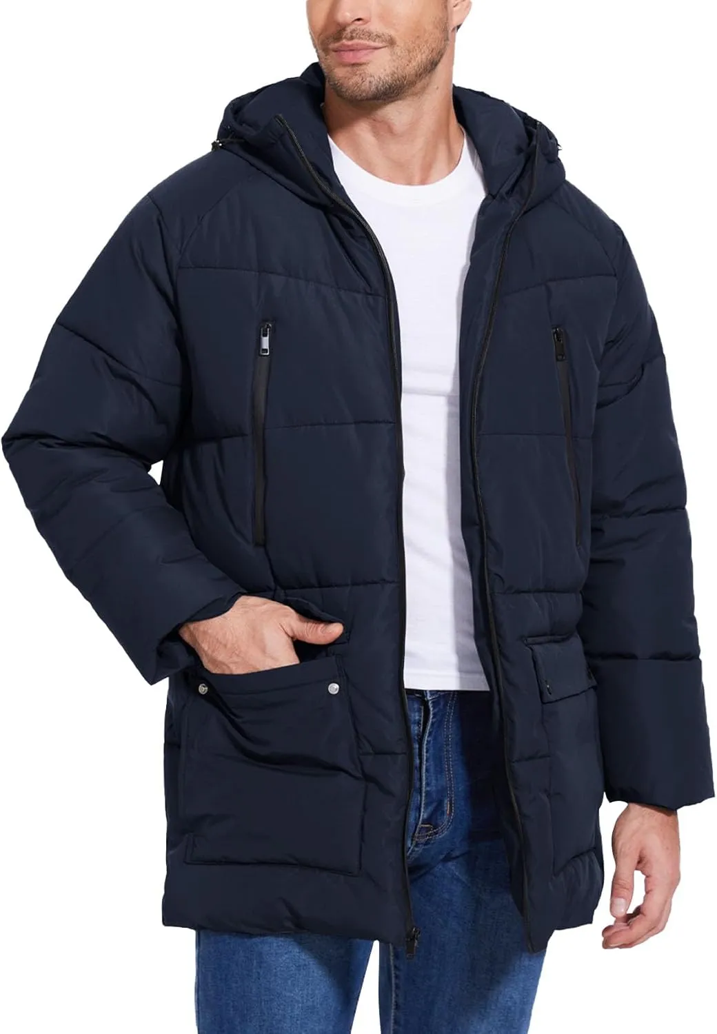 Flygo Men's Long Parka Winter Coats Hooded Puffer Jacket Heavy Warm Water-Resistant Outerwear Cold Weather