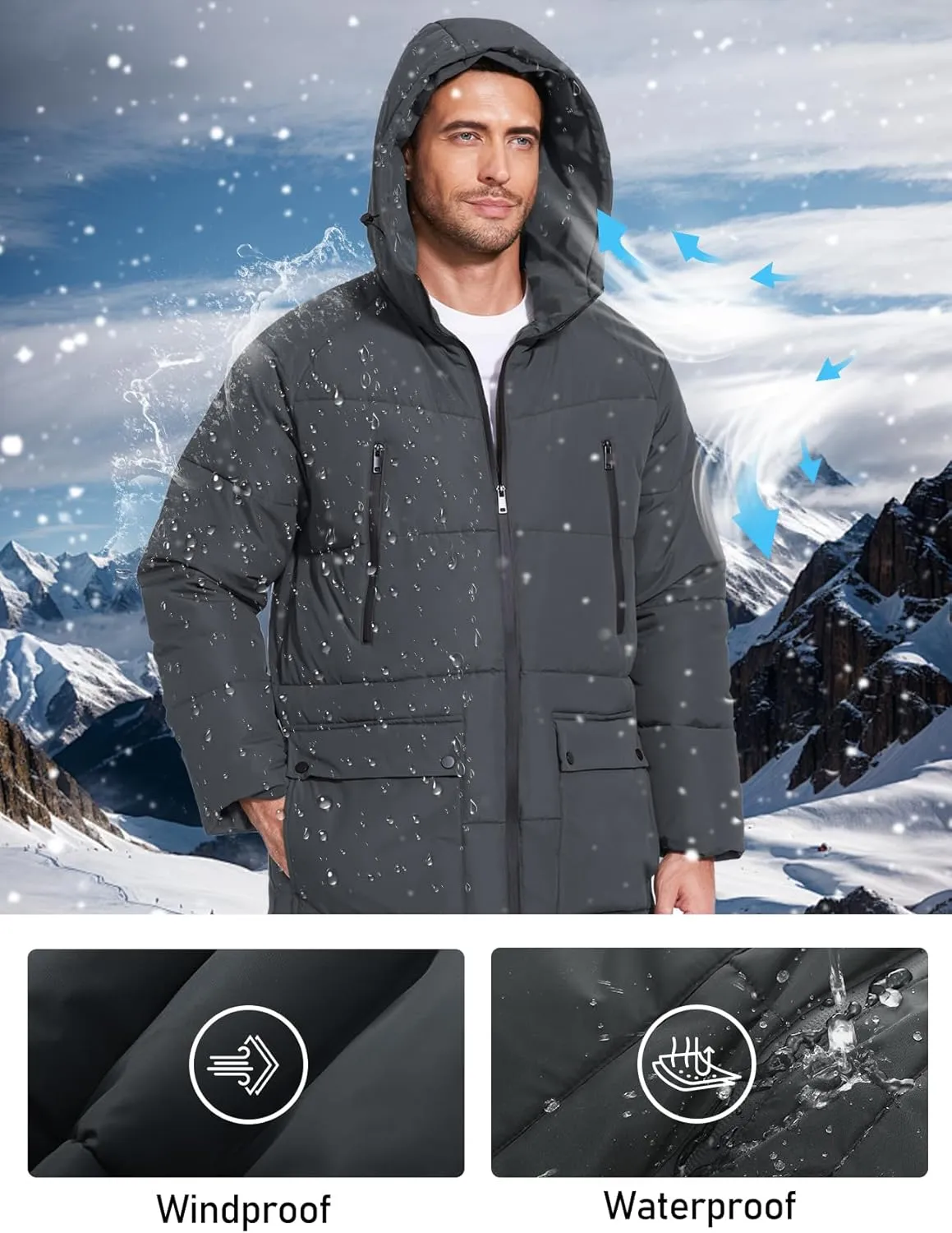 Flygo Men's Long Parka Winter Coats Hooded Puffer Jacket Heavy Warm Water-Resistant Outerwear Cold Weather