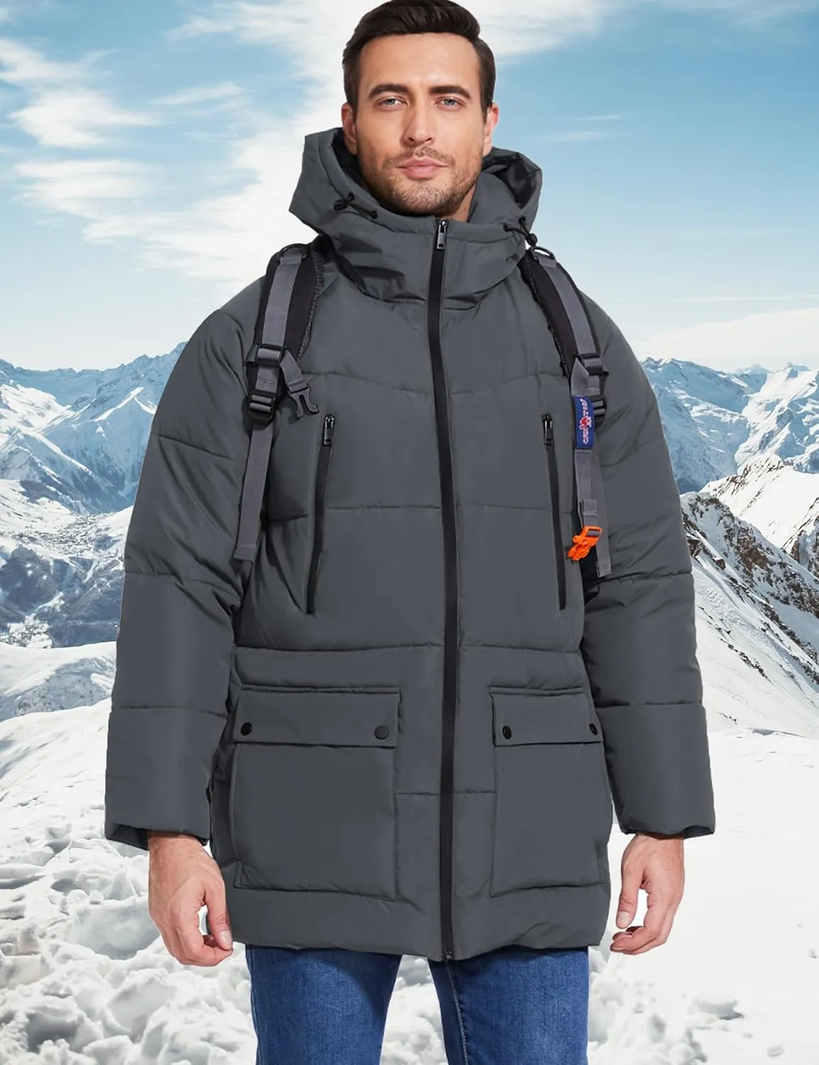 Flygo Men's Long Parka Winter Coats Hooded Puffer Jacket Heavy Warm Water-Resistant Outerwear Cold Weather
