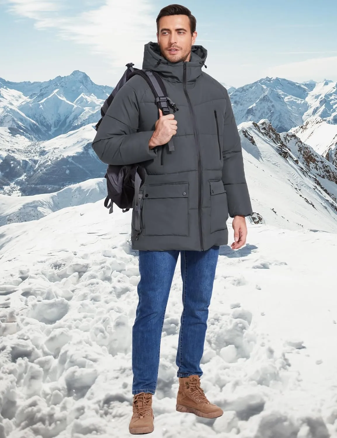 Flygo Men's Long Parka Winter Coats Hooded Puffer Jacket Heavy Warm Water-Resistant Outerwear Cold Weather