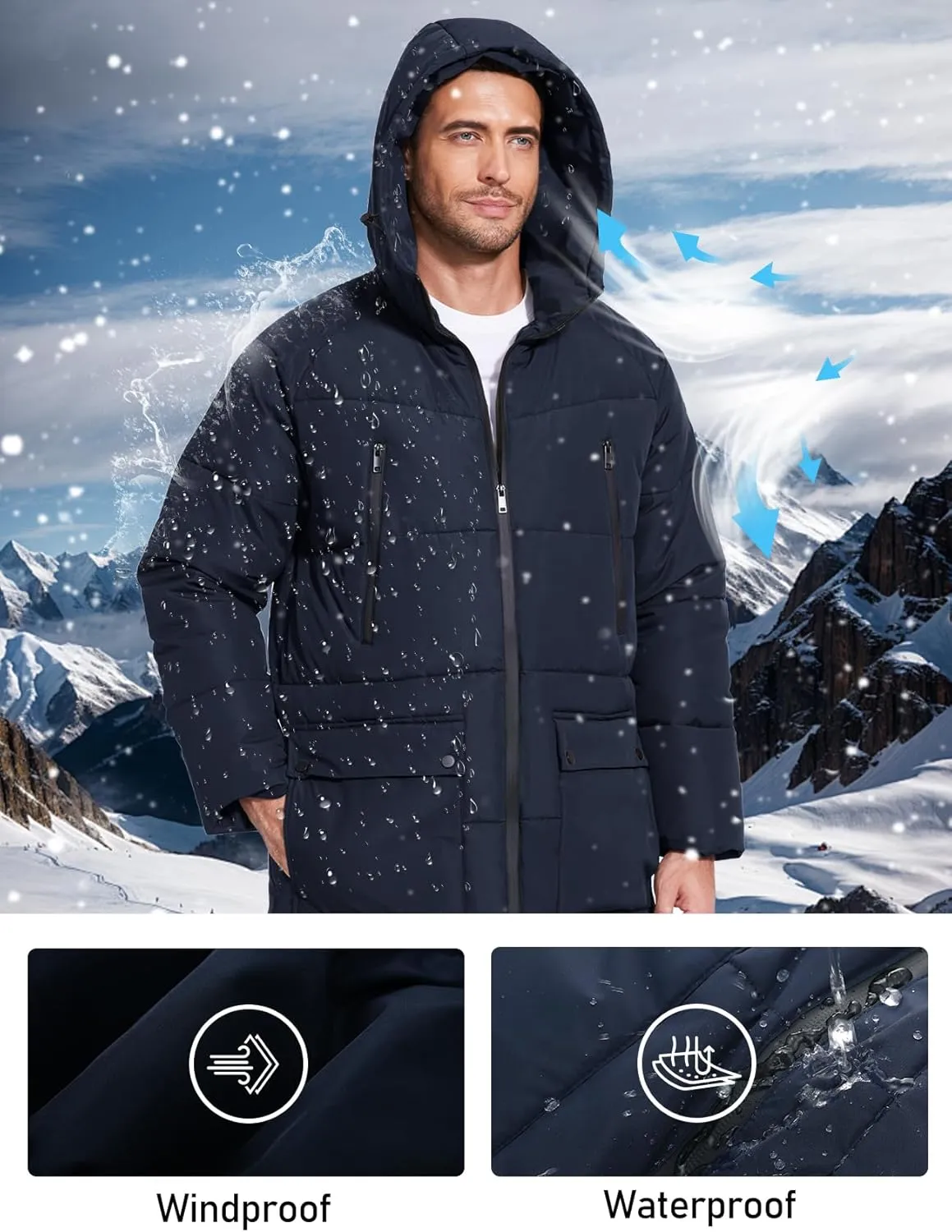 Flygo Men's Long Parka Winter Coats Hooded Puffer Jacket Heavy Warm Water-Resistant Outerwear Cold Weather