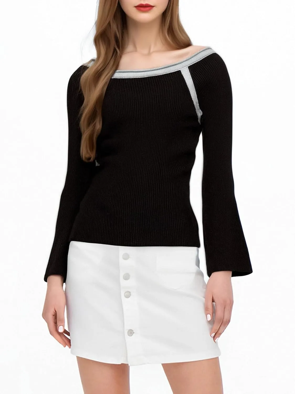GORGLITTER Women's Color Block Mock Neck Sweater Bishop Long Sleeve Casual Pullovers Jumper Top