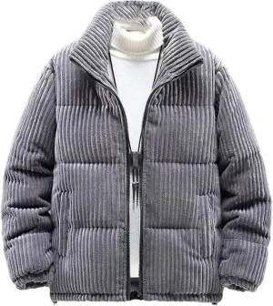 Haitpant Autumn Winter Men Thick Warm Corduroy Puffer Jacket Parka Vintage Loose Stand Collar Zipper Cotton-Padded Coat