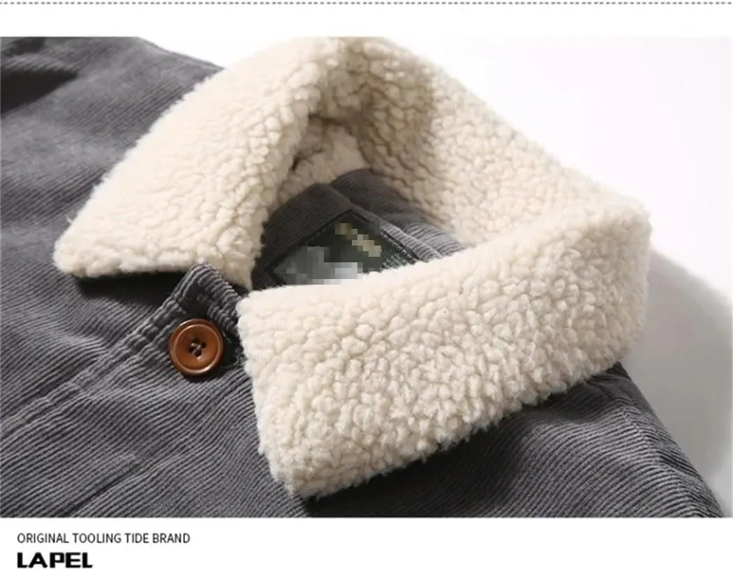 Haitpant Men Winter Corduroy Coat Lapel Jacket Casual Cotton-Padded Jacket Fur Collar Warm Coat