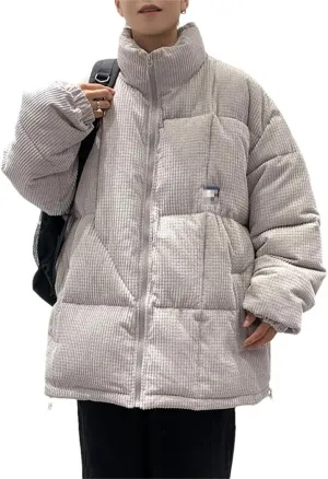 Haitpant Men Winter Corduroy Puffer Jacket Casual Loose Thicken Warm Parkas Solid Stand Collar Cotton-Padded Coat