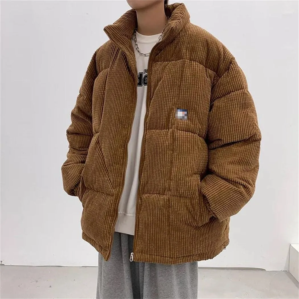 Haitpant Men Winter Corduroy Puffer Jacket Casual Loose Thicken Warm Parkas Solid Stand Collar Cotton-Padded Coat