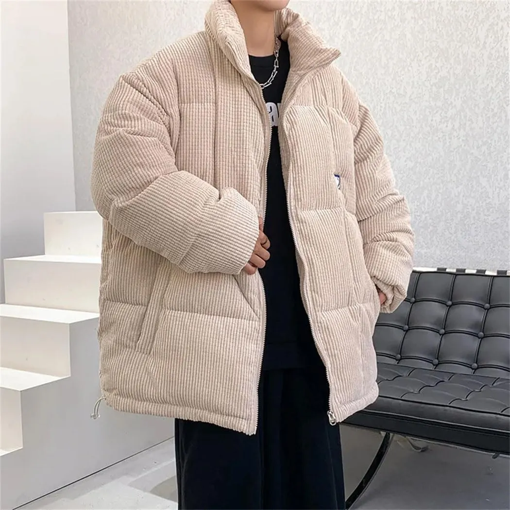 Haitpant Men Winter Corduroy Puffer Jacket Casual Loose Thicken Warm Parkas Solid Stand Collar Cotton-Padded Coat