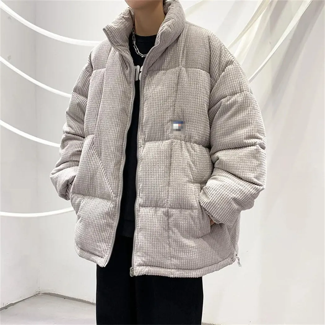 Haitpant Men Winter Corduroy Puffer Jacket Casual Loose Thicken Warm Parkas Solid Stand Collar Cotton-Padded Coat