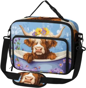 Highland Cow In Bathtub With Flowers Large Insulated Lunch Bag Reusable Lunch Cooler Bags Tote for Work Picnic Outdoor