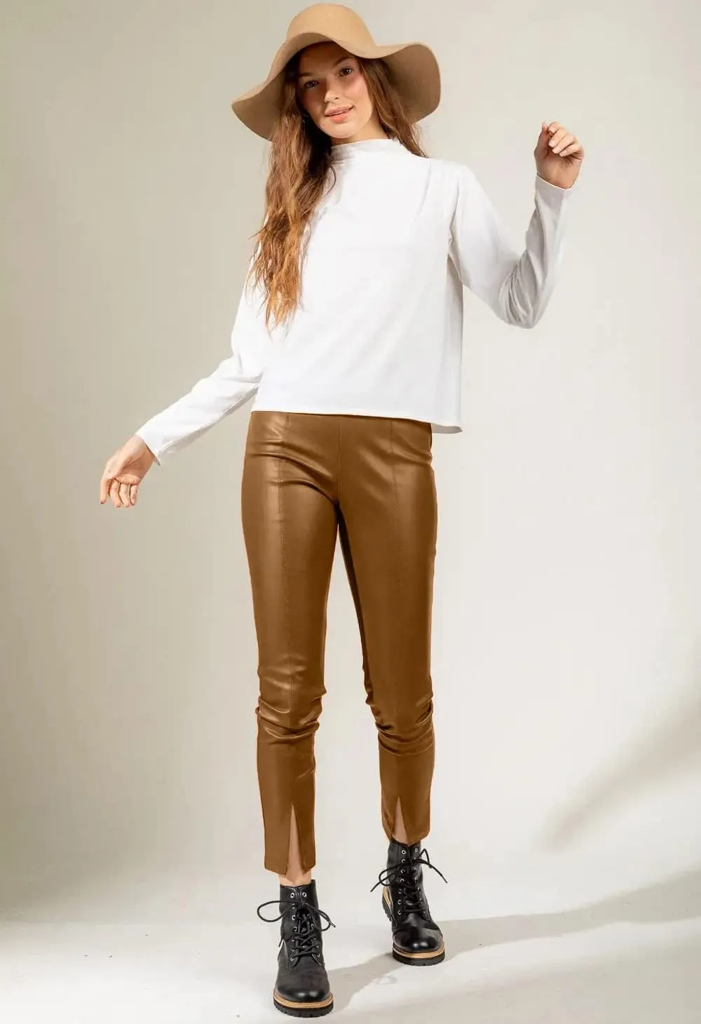 HLSIN Women's Faux Leather Slim Fit High Waist Split Hem Straight Leg Pants Streetwear