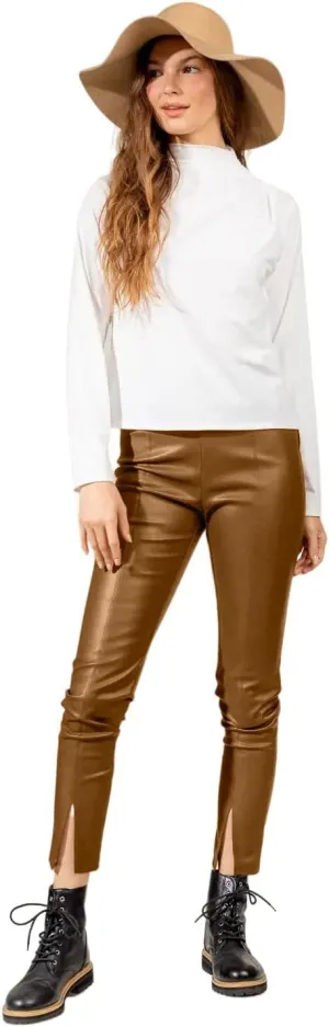 HLSIN Women's Faux Leather Slim Fit High Waist Split Hem Straight Leg Pants Streetwear