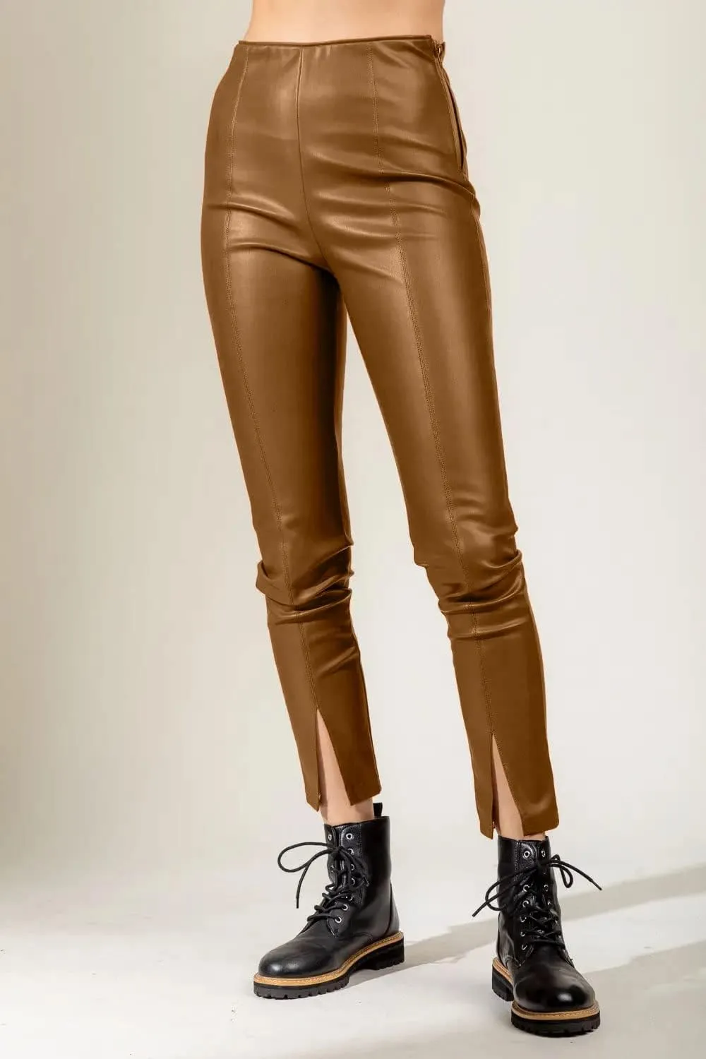 HLSIN Women's Faux Leather Slim Fit High Waist Split Hem Straight Leg Pants Streetwear